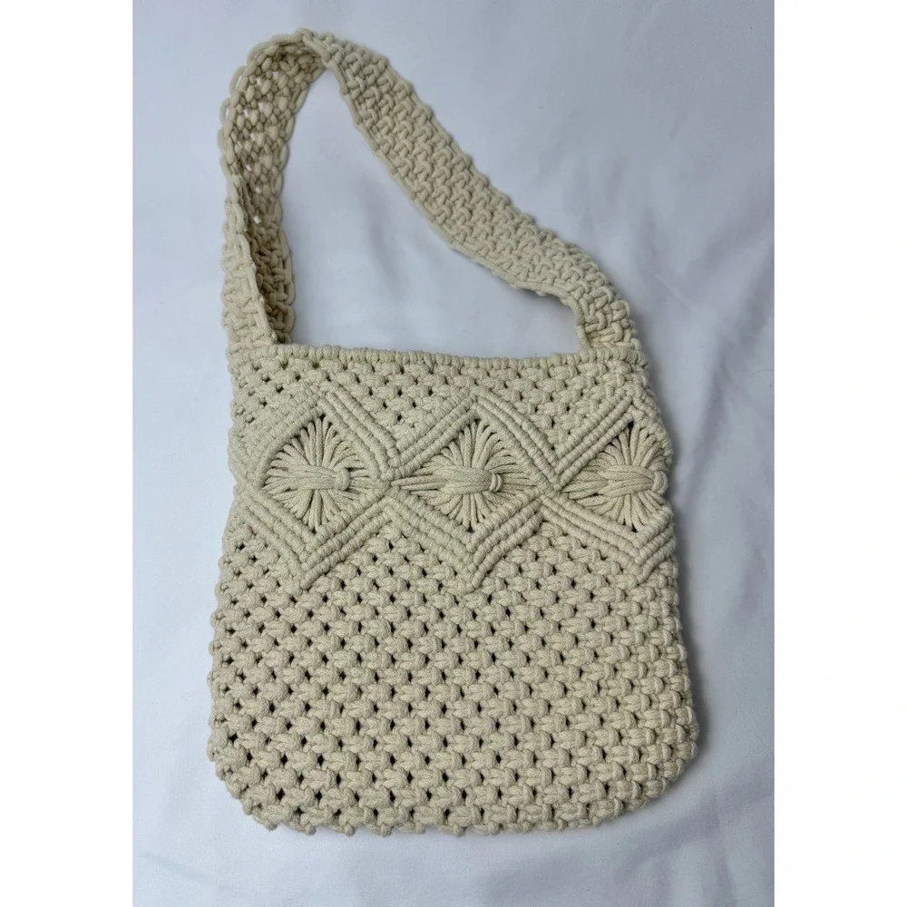 Nanette Lepore Macrame Shoulder Bag Cream Boho Beach Crossbody Purse‎